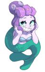  1girl :d blue_eyes breasts cala_maria_(cuphead) cleavage cuphead_(game) eyelashes full_body giantess kundroid leaning_forward lipstick looking_at_viewer makeup mermaid monster_girl navel open_mouth purple_hair shell shell_bikini simple_background smile solo teeth tentacle_hair white_background white_skin x_x 