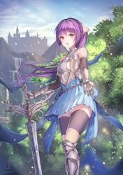  1girl armor artist_name bangs bare_shoulders belt black_legwear blue_dress breastplate detached_sleeves dress eyebrows_visible_through_hair feet_out_of_frame gauntlets hair_between_eyes highres la_campanella long_hair looking_at_viewer open_mouth original pleated_skirt purple_hair reaching reaching_out red_eyes skirt smile solo sword thigh-highs weapon 