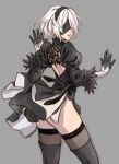 1girl back_cutout black_blindfold black_dress black_hairband blindfold clothing_cutout dress feather-trimmed_sleeves feet_out_of_frame female gloves grey_background hairband highres juliet_sleeves mole mole_under_mouth nier_(series) nier_automata parted_lips puffy_sleeves short_hair simple_background solo standing thigh-highs thighhighs yamashita_shun&#039;ya yorha_no._2_type_b 