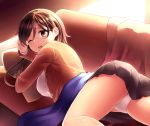  1girl ass brown_eyes brown_hair commentary_request couch highres long_sleeves looking_at_viewer looking_back lying neit_ni_sei on_stomach one_eye_closed open_mouth original panties pantyshot pantyshot_(lying) shirt skirt solo sweater underwear white_panties 