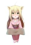  1girl ahoge animal_ears blonde_hair blush eyebrows eyebrows_visible_through_hair fang highres japanese_clothes kimono konohana_kitan long_hair looking_at_viewer open_mouth simple_background solo standing towel very_long_hair white_background yellow_eyes yuzu_(konohana_kitan) 