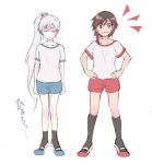  2girls closed_eyes gym_shorts gym_uniform multiple_girls nagasawa_(tthnhk) redhead ruby_rose rwby scar scar_across_eye shorts weiss_schnee white_hair 