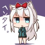  1girl alternate_costume animal_ears azur_lane blue_eyes blush cat_ears chibi commentary_request cosplay eromanga_sensei fang hammann_(azur_lane) hana_kazari izumi_sagiri izumi_sagiri_(cosplay) jacket long_hair looking_at_viewer open_mouth silver_hair simple_background sleeves_past_wrists solo translated white_background 
