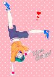  1boy :d bare_legs baseball_cap belt black_eyes black_hair blue_footwear blush character_name dragon_ball dragonball_z halftone hand_on_own_head handstand happy hat heart lace-up_shoes male_focus navel open_mouth orange_shirt pink_background rochiko_(bgl6751010) shirt shoes short_hair shorts simple_background smile son_goten text upside-down white_background wristband 