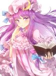  1girl bangs blue_bow blunt_bangs book bow capelet commentary crescent crescent_hair_ornament hair_bow hair_ornament hat holding holding_book konnyaku_(yuukachan_51) long_hair looking_at_viewer mob_cap neck_bow patchouli_knowledge purple_bow purple_hair purple_neckwear sidelocks simple_background touhou upper_body violet_eyes white_background 