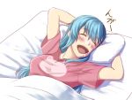  1girl animal_print aqua_hair bear bear_print blanket blush breasts closed_eyes commentary drooling ishii_hisao kantai_collection long_hair lying medium_breasts on_back open_mouth pillow pink_shirt saliva shirt simple_background sleeping solo suzuya_(kantai_collection) white_background 