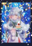 1girl absurdres ahoge bell black_bra black_gloves blurry blush bokeh border bow bowtie bra bright_pupils cake capelet depth_of_field dress eating elbow_gloves eyebrows_visible_through_hair fate/grand_order fate_(series) food fork fruit fur-trimmed_gloves fur_trim glint gloves green_bow green_neckwear hair_bow headpiece highres jeanne_d&#039;arc_(fate)_(all) jeanne_d&#039;arc_alter_santa_lily long_hair looking_at_viewer plate pom_pom_(clothes) shiny shiny_hair shutsuri silver_hair slice_of_cake solo star strawberry striped_neckwear tareme twitter_username underwear upper_body very_long_hair white_dress yellow_eyes 
