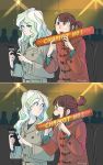  2girls arena artist_name blonde_hair brown_hair cellphone coat diana_cavendish highres kagari_atsuko little_witch_academia multiple_girls phone ticcy 