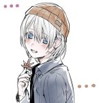  androgynous autumn_leaves beanie blue_eyes blush brown_hat character_request copyright_request earrings erubo hair_between_eyes hat holding holding_leaf jewelry leaf long_sleeves looking_at_viewer open_mouth short_hair smile solo white_background white_hair 
