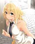  1girl absurdres blonde_hair blue_hair blush fate/apocrypha fate_(series) fuu_(fuore) highres jeanne_d&#039;arc_(fate) jeanne_d&#039;arc_(fate)_(all) long_hair necktie open_mouth road shirt sleeveless sleeveless_shirt solo street very_long_hair 