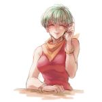  1girl bare_arms bare_shoulders blue_hair bracelet breasts bulma closed_eyes dragon_ball dragonball_z dress earrings eyebrows_visible_through_hair hand_in_hair happy jewelry kerchief red_dress short_hair simple_background smile solo_focus white_background 