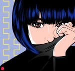  1girl bangs blue_hair chris_re5 covered_mouth eyebrows eyelashes face highres original pink_eyes signature solo turtleneck 