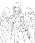  1girl angel_wings armor armored_dress breasts cleavage cleavage_cutout closed_mouth cowboy_shot elbow_gloves feathered_wings gauntlets gloves greyscale hair_between_eyes hand_on_hip highres holding holding_sword holding_weapon large_breasts less light_frown looking_at_viewer monochrome original pelvic_curtain puffy_short_sleeves puffy_sleeves short_sleeves simple_background sketch solo standing sword thigh-highs weapon white_background wings 