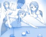  /\/\/\ bent_over billiards blue braid breast_rest breasts cleavage closed_mouth cue_ball cue_stick denim ekz_(drawfag) flying_sweatdrops hair_over_shoulder highres jeans large_breasts medium_hair monochrome original pants shaded_face sweat thick_eyebrows twin_braids wavy_mouth 