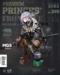  1girl alternate_costume alternate_hairstyle aqua_eyes blush carrying_bag character_name coat cover damaged fake_cover girls_frontline gun infukun machine_gun mg5_(girls_frontline) official_art ponytail purple_hair scarf sitting solo steam weapon 
