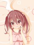  1girl @_@ blush breasts brown_eyes brown_hair commentary_request dress ebina_nana flying_sweatdrops hair_tie hands_on_own_face hands_up head_tilt highres himouto!_umaru-chan kushida_you looking_at_viewer medium_breasts nose_blush open_mouth pink_dress pink_ribbon puffy_short_sleeves puffy_sleeves ribbon short_sleeves solo striped two_side_up upper_body wavy_mouth 