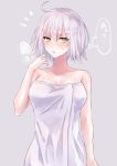  1girl ahoge bare_shoulders breasts cleavage collarbone eyebrows_visible_through_hair fate/grand_order fate_(series) grey_background highres jeanne_d&#039;arc_(alter)_(fate) jeanne_d&#039;arc_(fate)_(all) large_breasts looking_at_viewer naked_towel parted_lips rossa_(pixiv27548922) short_hair simple_background solo thought_bubble towel translation_request white_hair yellow_eyes 