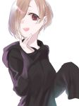  1girl blonde_hair brown_hair earrings hair_over_one_eye hand_up hands_up hood hoodie idolmaster idolmaster_cinderella_girls jewelry looking_at_viewer open_mouth red_eyes shirasaka_koume short_hair simple_background sinsihukunokonaka smile solo stud_earrings tareme upper_body white_background 