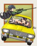  2girls armor bangs bare_arms bare_shoulders black_footwear black_gloves black_neckwear boots breasts brown_hair car cleavage commentary_request dacia_1300 driving finger_on_trigger fingerless_gloves gameplay_mechanics gloves green_eyes grin ground_vehicle gun hair helmet highres holding hood hood_down hooded_jacket idolmaster idolmaster_cinderella_girls jacket jazzjack knee_boots long_sleeves medium_breasts morikubo_nono motor_vehicle multiple_girls necktie open_clothes open_jacket open_mouth pants parted_bangs playerunknown&#039;s_battlegrounds pocket ponytail rifle scope shirt sleeveless sleeveless_shirt smile sniper_rifle sweatdrop upper_teeth violet_eyes weapon white_pants white_shirt yamato_aki 