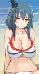  1girl alternate_costume bare_shoulders beach bikini black_hair breasts cleavage frown jitome kantai_collection large_breasts looking_at_viewer midriff navel pen_(pen3) red_eyes short_hair solo swimsuit white_bikini yamashiro_(kantai_collection) 