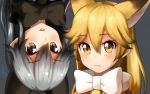  2girls :3 animal_ears black_neckwear blonde_hair bow bowtie brown_eyes commentary_request extra_ears eyebrows_visible_through_hair ezo_red_fox_(kemono_friends) fox_ears grey_background grey_hair hair_between_eyes kemono_friends long_hair looking_at_viewer multiple_girls open_mouth signature silver_fox_(kemono_friends) simple_background welt_(kinsei_koutenkyoku) white_neckwear yellow_eyes 