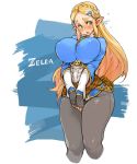 1girl blonde_hair blush braid breasts curvy erect_nipples eyebrows fingerless_gloves flying_sweatdrops gloves green_eyes hair_ornament hairclip highres large_breasts long_hair looking_at_viewer open_mouth pants pointy_ears princess_zelda puffy_nipples sachito solo the_legend_of_zelda the_legend_of_zelda:_breath_of_the_wild thick_eyebrows thick_thighs thighs v_arms very_long_hair white_background wide_hips 