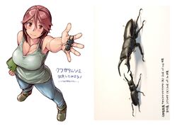  1girl beetle blush breasts brown_eyes brown_hair cleavage collarbone denim from_above hair_between_eyes highres holding insect jeans large_breasts lips looking_up notebook outstretched_arm pants rozen_maiden short_hair sleeveless solo souseiseki tank_top tsuda_nanafushi 