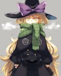 1girl belt black_capelet black_coat black_gloves black_hat blue_eyes blush bow breath capelet covered_mouth enpera eyebrows_visible_through_hair gloves grey_background hat hat_bow kasuka_(kusuki) kirisame_marisa long_hair long_sleeves looking_at_viewer purple_bow scarf scarf_over_mouth simple_background solo standing touhou yellow_eyes 
