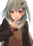  1girl adapted_costume alternate_hairstyle aqua_hair brown_blazer brown_jacket cosplay finger_to_mouth green_eyes hair_ornament hairclip jacket kantai_collection long_hair looking_at_viewer rinto_(rint_rnt) scarf sendai_(kantai_collection) sendai_(kantai_collection)_(cosplay) simple_background smile solo suzuya_(kantai_collection) tongue tongue_out twintails upper_body white_background 