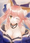  animal_ears bare_shoulders breasts cleavage collarbone detached_sleeves ecat fate/extra fate/extra_ccc fate/grand_order fate_(series) fox_ears hair_ornament hair_ribbon highres large_breasts light_smile looking_at_viewer looking_up one_eye_closed pink_hair ribbon tamamo_(fate)_(all) tamamo_no_mae_(fate) yellow_eyes 