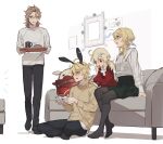  2boys 2girls :q aether_(genshin_impact) albedo_(genshin_impact) alternate_costume animal_ears bangs black_pants blonde_hair brown_hair casual controller couch crossed_legs dress fake_animal_ears game_controller genshin_impact green_skirt hair_ornament highres holding indoors jumpy_dumpty k_young03 klee_(genshin_impact) long_sleeves low_twintails lumine_(genshin_impact) multiple_boys multiple_girls on_floor open_mouth pants playing_games pointy_ears rabbit_ears red_dress red_eyes shirt short_hair_with_long_locks sitting skirt standing sweater tongue tongue_out tray turtleneck turtleneck_sweater twintails yellow_eyes 