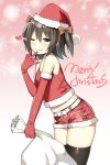  1girl ;q belt black_hair blush bow christmas closed_mouth commentary crop_top elbow_gloves fur-trimmed_gloves fur-trimmed_shorts fur_trim gloves hair_between_eyes hair_bow hand_to_own_mouth hat heart highres leaning_forward looking_at_viewer merry_christmas midriff navel one_eye_closed original red_gloves red_shorts sack santa_costume santa_hat short_shorts shorts sky_(freedom) sky_(sky-freedom) smile solo spaghetti_strap thigh-highs tongue tongue_out two_side_up 