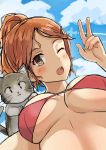  1girl :3 ;d animal animal_on_shoulder aquila_(kantai_collection) bangs bikini bikini_top blush breasts cat clouds cloudy_sky day from_below hair_ornament hairclip highres kantai_collection large_breasts looking_at_viewer looking_down nail_polish one_eye_closed open_mouth orange_hair outdoors parted_bangs pink_nails ponytail red_bikini round_teeth short_hair sky smile soil_chopsticks swimsuit tareme teeth under_boob upper_body v 