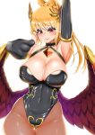  1girl absurdres arm_up armlet armpits bangs black_leotard blonde_hair breasts brown_dust choker cleavage contrapposto covered_navel cowboy_shot detached_sleeves elysee_(brown_dust) eyebrows_visible_through_hair feathered_wings fishnet_legwear fishnet_pantyhose fishnets gem gluteal_fold halterneck headgear highres large_breasts leotard lips long_hair looking_at_viewer low_wings pantyhose pink_lips ponytail red_eyes skin_tight smh1069 smile solo thigh_gap white_background wide_hips wing_ornament wings 