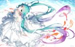  1girl aqua_eyes aqua_hair bai_yemeng collarbone dress earrings fish floating_hair from_above hatsune_miku highres jewelry long_hair looking_at_viewer solo twintails very_long_hair vocaloid white_dress 