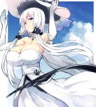  1girl azur_lane bangs bare_shoulders blue_eyes blunt_bangs blush breasts closed_mouth clouds cloudy_sky collarbone cowboy_shot cross detached_collar dress elbow_gloves eyebrows_visible_through_hair gem gloves hat highres illustrious_(azur_lane) large_breasts long_hair looking_at_viewer low-tied_long_hair orb outdoors pen_(pen3) silver_hair sky solo star_(sky) strapless strapless_dress sun_hat thigh-highs very_long_hair white_dress white_hat 
