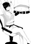  1girl absurdres belt black_hair blush breasts chair full_body greyscale highres legs_crossed midriff monochrome name_tag navel norman_maggot office_chair office_lady original pencil_skirt shirt short_hair sitting skirt solo stretch 