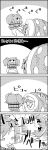  1girl 4koma bow bucket cirno closed_eyes comic commentary_request crossed_arms frog_hair_ornament futon greyscale hair_bobbles hair_bow hair_ornament hammer highres kisume kochiya_sanae monochrome patterned pulling smile tani_takeshi touhou translation_request twintails wrapped_up yukkuri_shiteitte_ne 