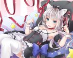  1girl akatsuki_hijiri azur_lane bangs bare_shoulders black_bow black_dress blue_eyes bow breasts corset dress eyebrows_visible_through_hair hair_bow hammann_(azur_lane) long_hair looking_at_viewer lying on_back open_mouth red_ribbon ribbon silver_hair small_breasts solo striped striped_background thigh-highs tsurime white_legwear wrist_cuffs 