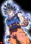 1boy aura black_hair chris_re5 clenched_hand dirty dragon_ball dragon_ball_super dutch_angle from_below frown grey_eyes male_focus muscle open_hand serious signature solo son_gokuu spiky_hair torn_clothes ultra_instinct wristband 
