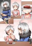  1boy 1girl ^_^ bib can cleaning closed_eyes comic commentary_request eating fate/grand_order fate_(series) fork fur_collar ginhaha hamburger_steak handkerchief holding jeanne_d&#039;arc_(alter)_(fate) jeanne_d&#039;arc_(fate)_(all) mother_and_son short_hair silent_comic silver_hair smile yellow_eyes 