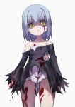  1girl assassin_of_black blood blood_on_face bloody_clothes cowboy_shot fate/apocrypha fate_(series) looking_at_viewer looking_down short_hair solo teko torn_clothes white_hair yellow_eyes 