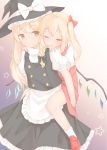  2girls apron bangs black_bow black_hat black_skirt blonde_hair blush bow braid carrying closed_eyes closed_mouth commentary_request eyebrows_visible_through_hair flandre_scarlet gradient gradient_background hair_bow hands_on_another&#039;s_shoulders hat hat_bow highres kirisame_marisa loafers long_hair multicolored multicolored_background multiple_girls pointy_ears puffy_short_sleeves puffy_sleeves red_bow red_footwear red_skirt sakurea shoes short_sleeves side_braid side_ponytail single_braid skirt skirt_set smile socks star touhou waist_apron white_apron white_bow white_legwear witch_hat yellow_eyes 