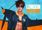  1girl abs absurdres aviator_sunglasses brown_hair casual commentary crop_top earrings esports eyebrows flat_chest freckles highres jacket jewelry lips monori_rogue navel nose open_clothes open_jacket overwatch overwatch_(logo) parted_lips short_hair solo spiky_hair spitfire_(airplane) sunglasses toned tracer_(overwatch) track_jacket 