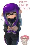  2girls bangs blunt_bangs blush_stickers closed_eyes domino_mask double_v english flying_sweatdrops hair_grab hands_up highres inkling kashu_(hizake) long_hair long_sleeves looking_at_viewer mask multiple_girls parted_lips pointy_ears short_hair smile splatoon splatoon_2 sweater tentacle_hair twintails upper_body v yellow_eyes 