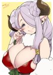 1girl blush breasts christmas cleavage dated doraf granblue_fantasy hair_over_one_eye horns jewelry large_breasts lavender_hair looking_at_viewer merry_christmas narumeia_(granblue_fantasy) pointy_ears simple_background single_earring sketch smile solo sumeragi_kohaku upper_body violet_eyes 