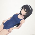  1girl adjusting_clothes adjusting_swimsuit black_hair breasts brown_eyes chimaki_(u9works) girls_und_panzer hair_between_eyes hairband long_hair reizei_mako school_swimsuit small_breasts solo swimsuit twitter_username wet wet_clothes wet_swimsuit white_background white_hairband 