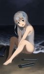  1girl absurdres barefoot beach black_eyes blue_ribbon full_body hair_ribbon highres horizon kantai_collection long_hair looking_at_viewer night ocean open_mouth outdoors ribbon school_swimsuit shiiransu silver_hair sitting smile solo swimsuit torpedo u-511_(kantai_collection) water waves white_school_swimsuit white_swimsuit 