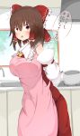  1girl absurdres akabeco apron blush bow breasts brown_eyes brown_hair cookie_(touhou) detached_sleeves eyebrows_visible_through_hair hair_bow hair_tubes hakurei_reimu highres indoors kanna_(cookie) large_breasts looking_at_viewer open_mouth pink_apron red_bow short_hair solo speech_bubble touhou translation_request 
