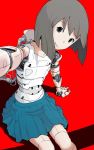  1girl android highres looking_at_viewer mechanical_parts original red_background robot_joints self_shot short_hair simple_background sitting skirt solo sukabu 